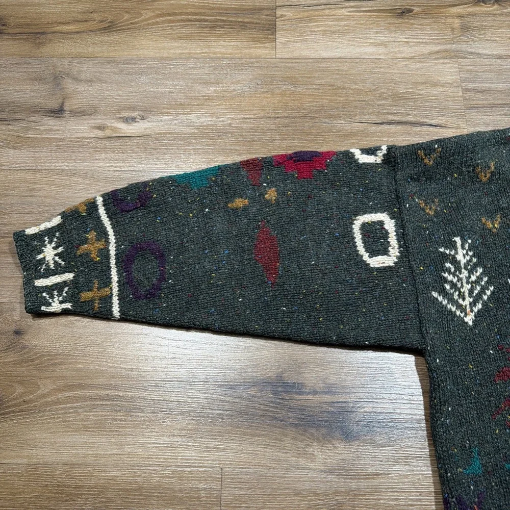 Lands' End Sweater Men's LARGE Heavy Wool Green Shawl Collar Reindeer Christmas